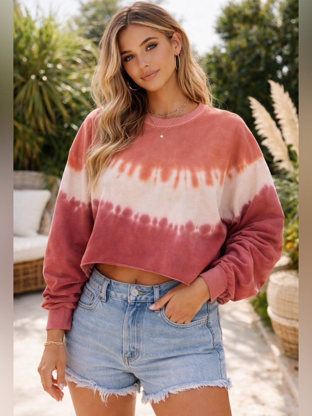 Wildfox Sweatshirt Womens S Tie Dye Cropped Oversized Pink Pullover Lounge Beach